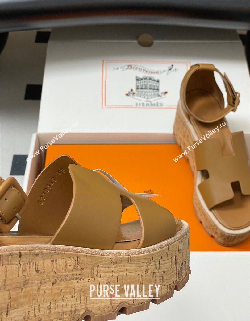Hermes Luce Wedge Platform Sandals 7cm in Calfskin Leather Brown 2025 H252131 (MD-251220007)