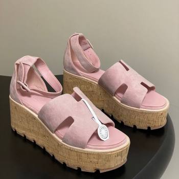 Hermes Luce Wedge Platform Sandals 7cm in Suede Pink 2025 H252131 (MD-251220008)