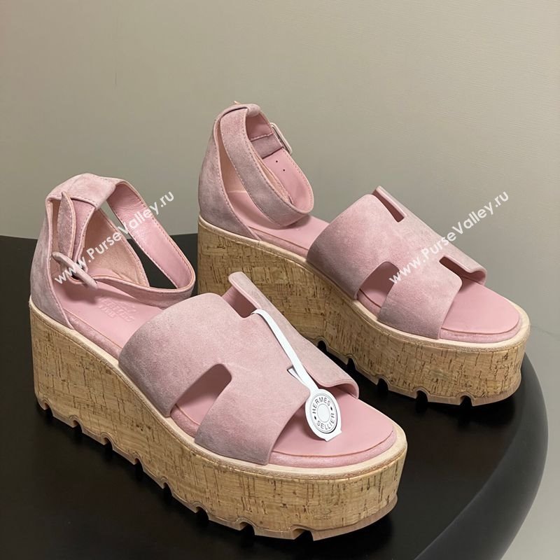 Hermes Luce Wedge Platform Sandals 7cm in Suede Pink 2025 H252131 (MD-251220008)