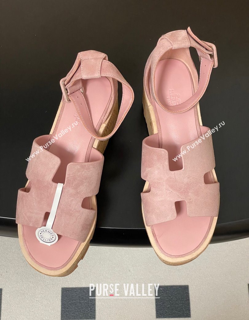 Hermes Luce Wedge Platform Sandals 7cm in Suede Pink 2025 H252131 (MD-251220008)