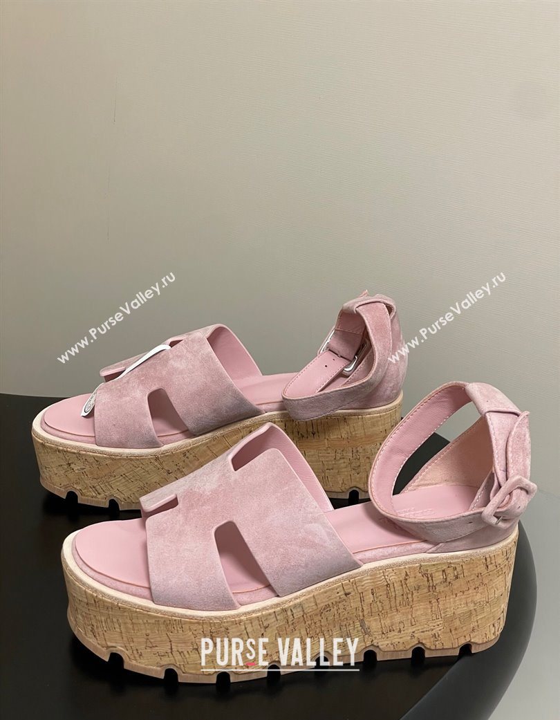 Hermes Luce Wedge Platform Sandals 7cm in Suede Pink 2025 H252131 (MD-251220008)