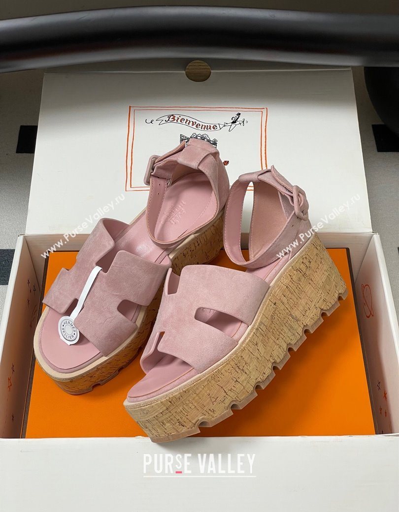 Hermes Luce Wedge Platform Sandals 7cm in Suede Pink 2025 H252131 (MD-251220008)
