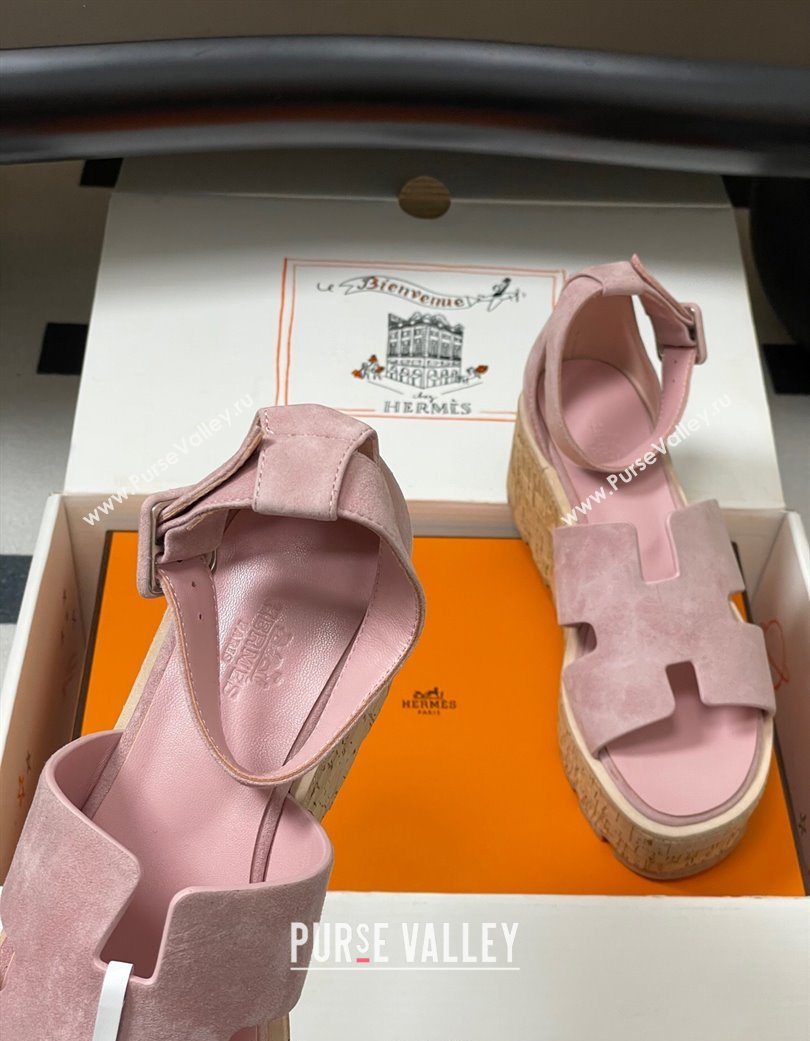 Hermes Luce Wedge Platform Sandals 7cm in Suede Pink 2025 H252131 (MD-251220008)