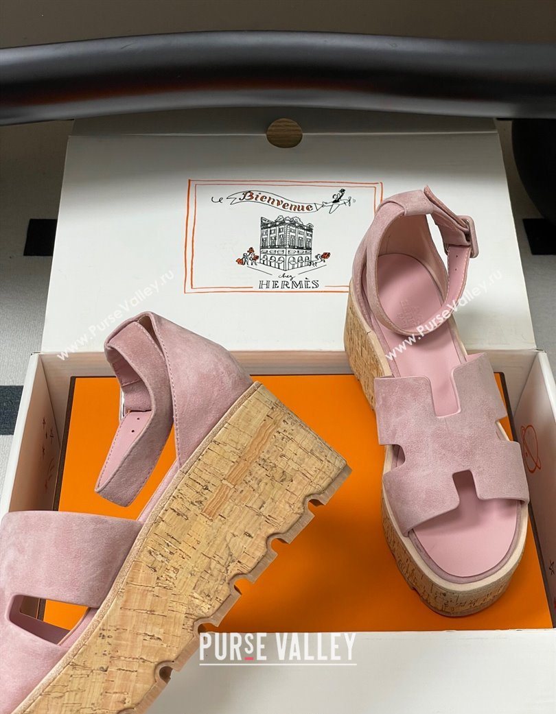 Hermes Luce Wedge Platform Sandals 7cm in Suede Pink 2025 H252131 (MD-251220008)