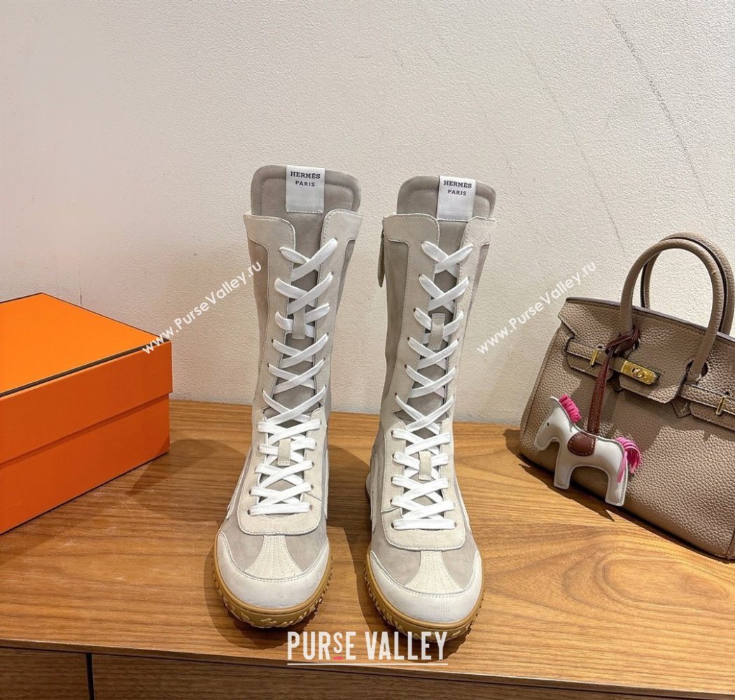 Hermes Suede and Calfskin Leather Sneaker Boots Light Grey 2025 H122001 (XC-251220049)