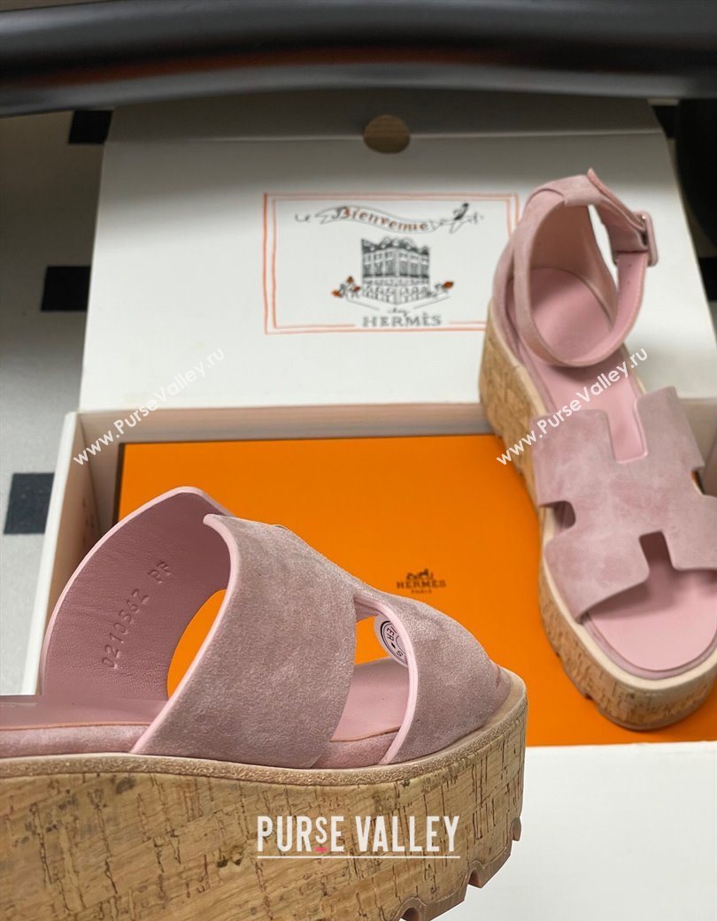 Hermes Luce Wedge Platform Sandals 7cm in Suede Pink 2025 H252131 (MD-251220008)