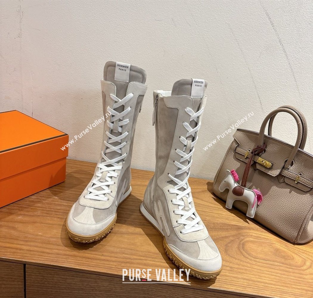 Hermes Suede and Calfskin Leather Sneaker Boots Light Grey 2025 H122001 (XC-251220049)