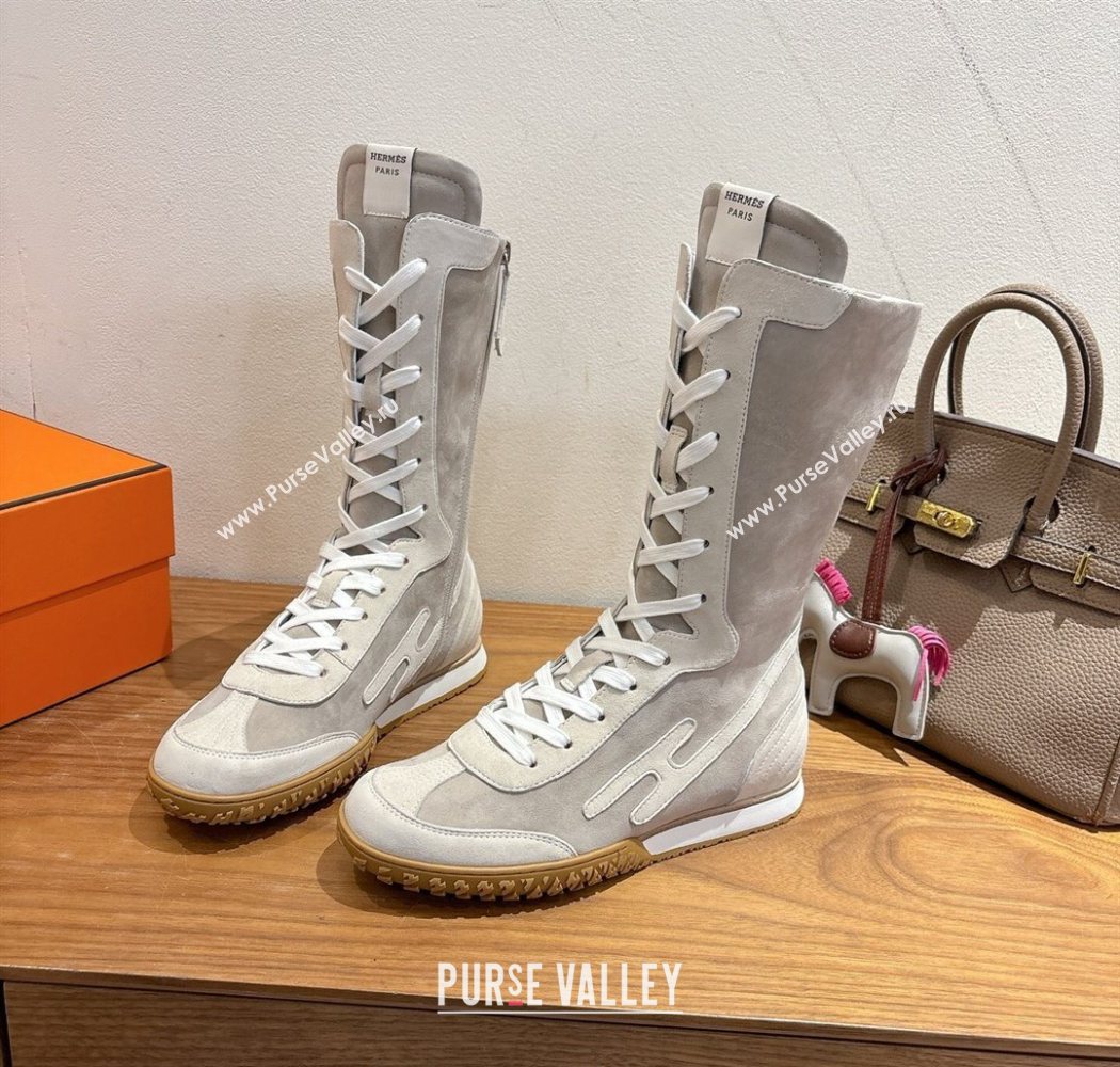 Hermes Suede and Calfskin Leather Sneaker Boots Light Grey 2025 H122001 (XC-251220049)