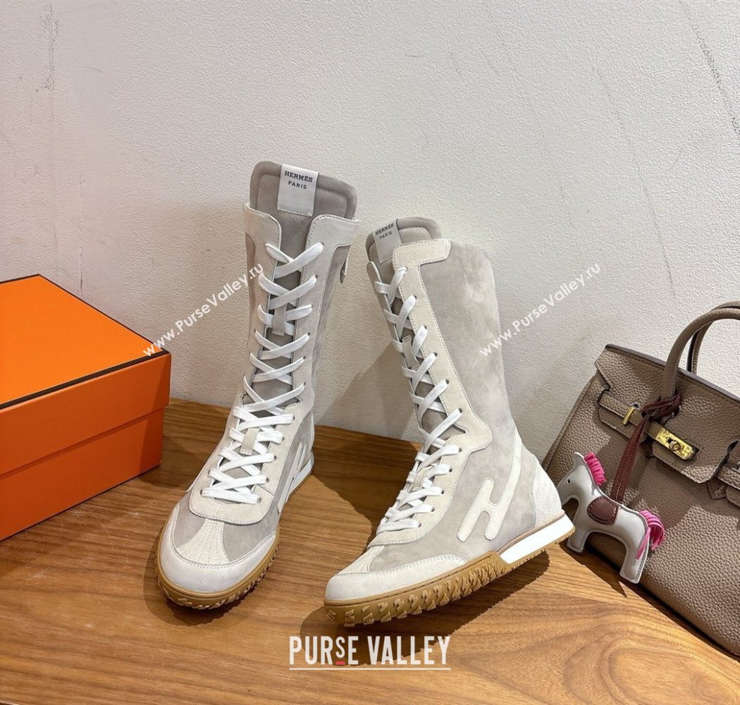 Hermes Suede and Calfskin Leather Sneaker Boots Light Grey 2025 H122001 (XC-251220049)