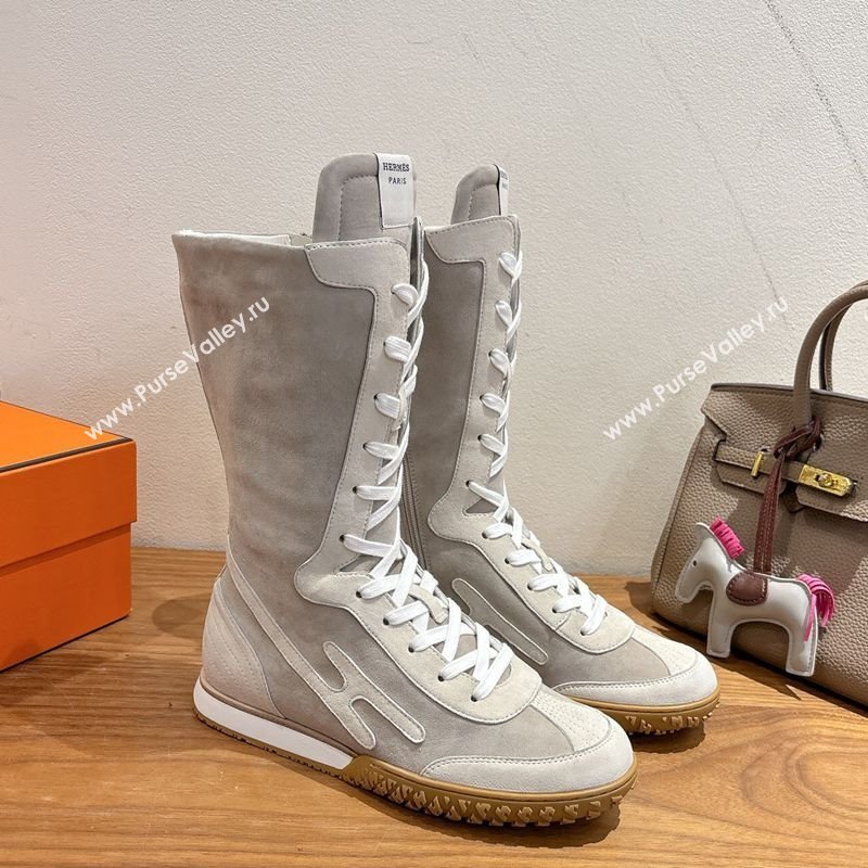 Hermes Suede and Calfskin Leather Sneaker Boots Light Grey 2025 H122001 (XC-251220049)