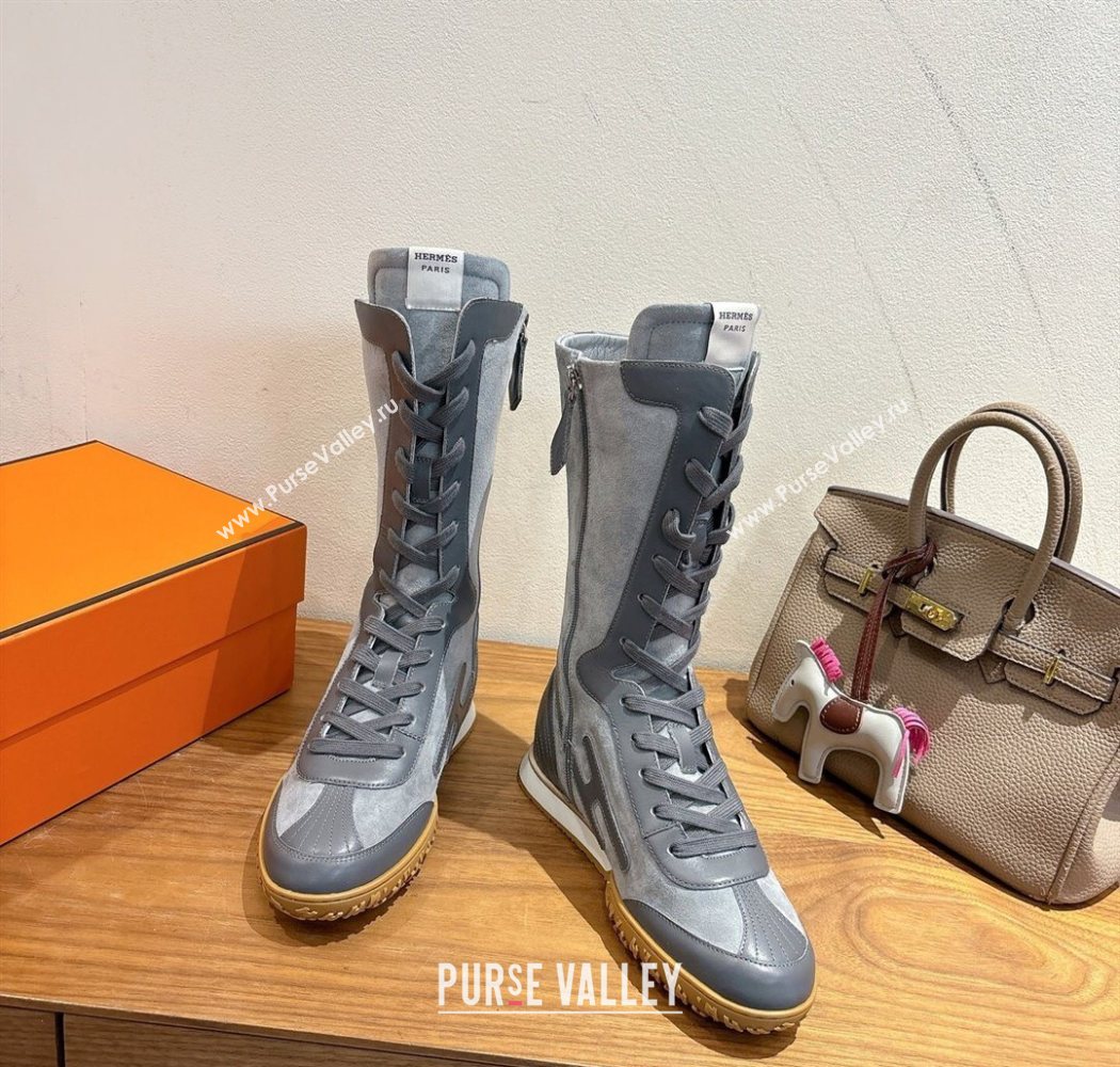 Hermes Suede and Calfskin Leather Sneaker Boots Dark Grey 2025 H122001 (XC-251220050)