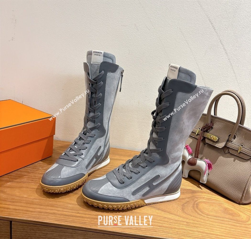 Hermes Suede and Calfskin Leather Sneaker Boots Dark Grey 2025 H122001 (XC-251220050)