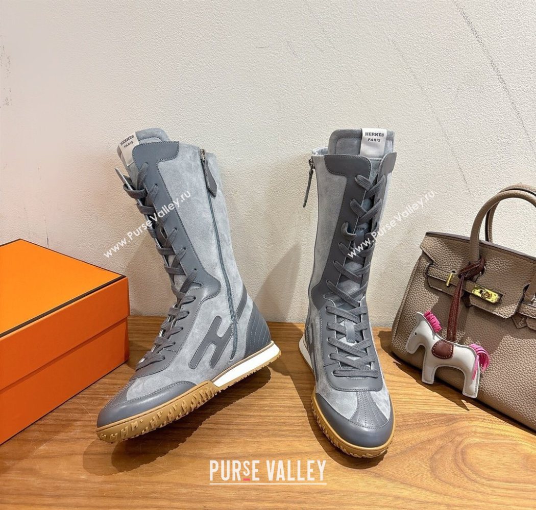 Hermes Suede and Calfskin Leather Sneaker Boots Dark Grey 2025 H122001 (XC-251220050)