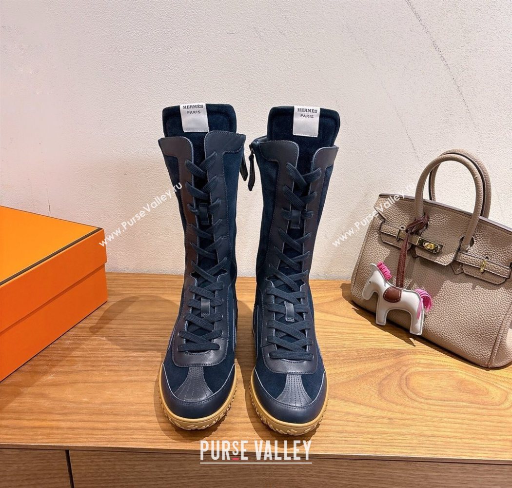 Hermes Suede and Calfskin Leather Sneaker Boots Dark Blue 2025 H122001 (XC-251220051)