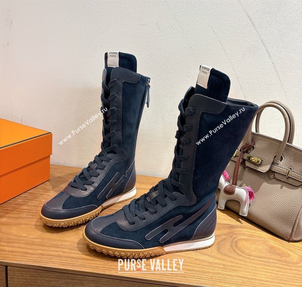 Hermes Suede and Calfskin Leather Sneaker Boots Dark Blue 2025 H122001 (XC-251220051)