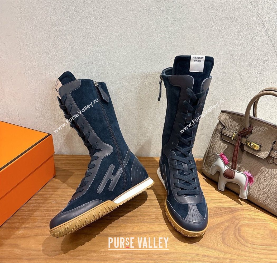Hermes Suede and Calfskin Leather Sneaker Boots Dark Blue 2025 H122001 (XC-251220051)