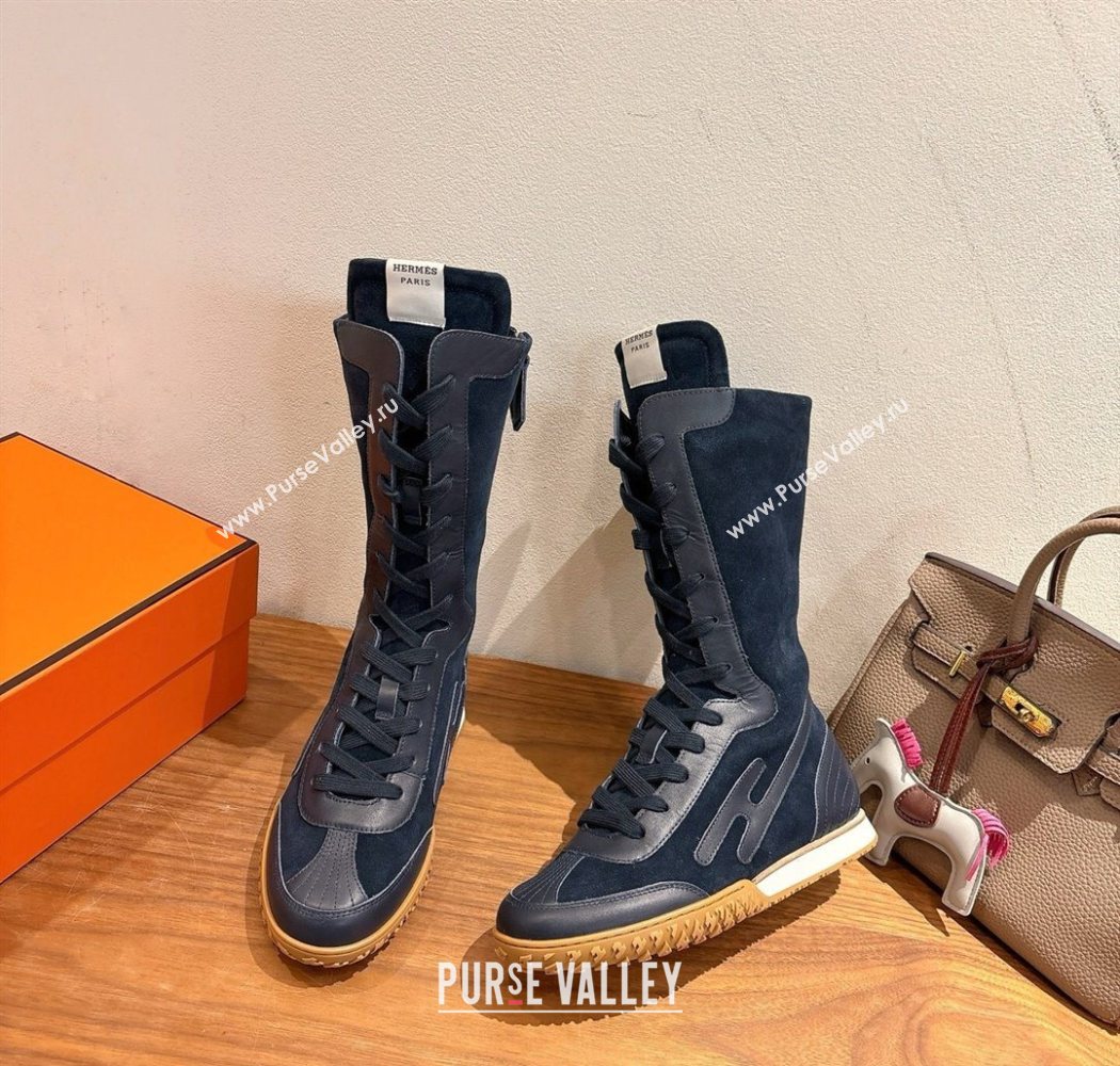 Hermes Suede and Calfskin Leather Sneaker Boots Dark Blue 2025 H122001 (XC-251220051)