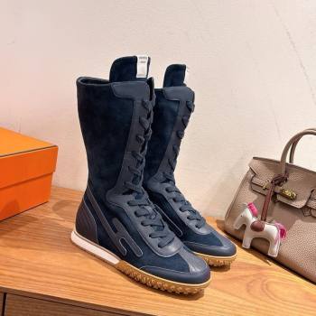 Hermes Suede and Calfskin Leather Sneaker Boots Dark Blue 2025 H122001 (XC-251220051)