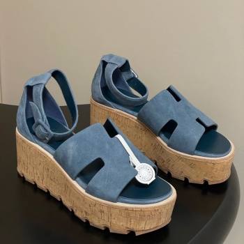Hermes Luce Wedge Platform Sandals 7cm in Suede Blue 2025 H252131 (MD-251220009)