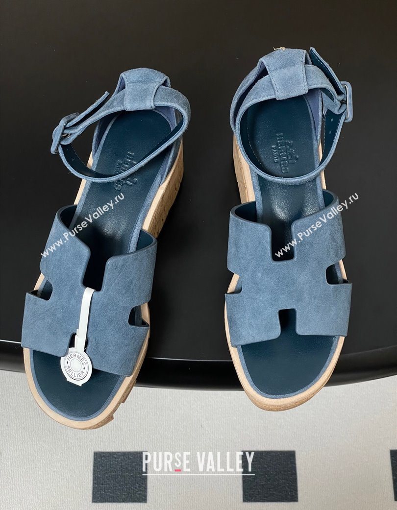 Hermes Luce Wedge Platform Sandals 7cm in Suede Blue 2025 H252131 (MD-251220009)