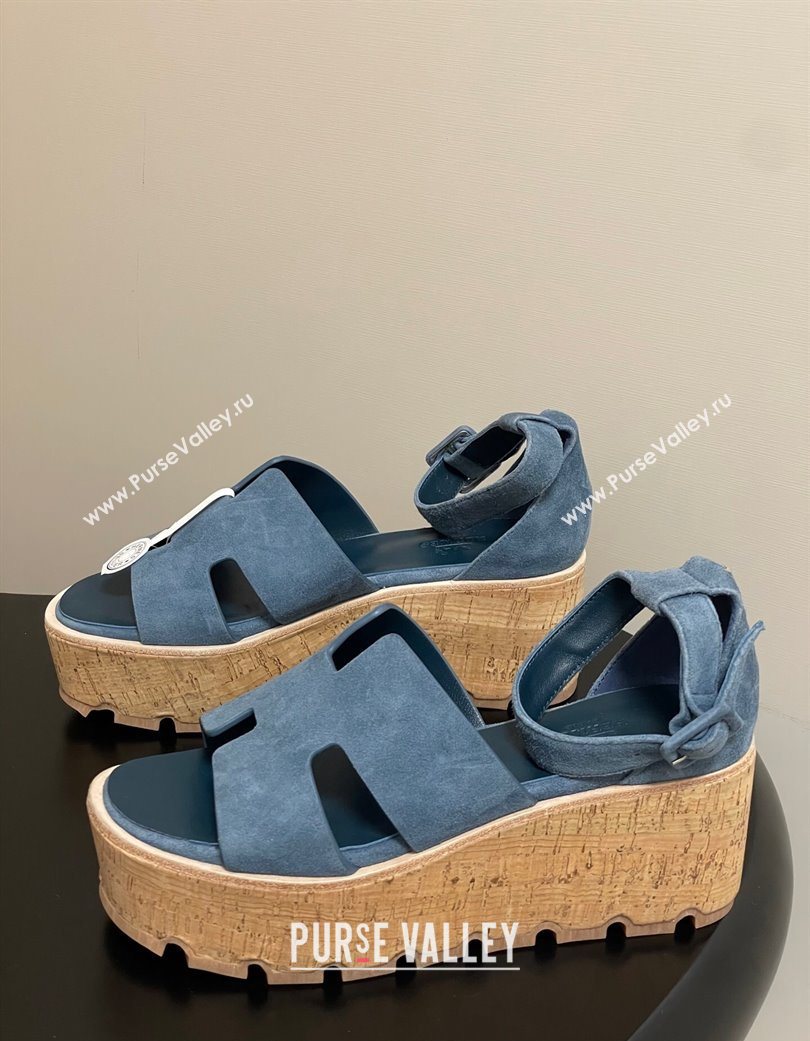 Hermes Luce Wedge Platform Sandals 7cm in Suede Blue 2025 H252131 (MD-251220009)