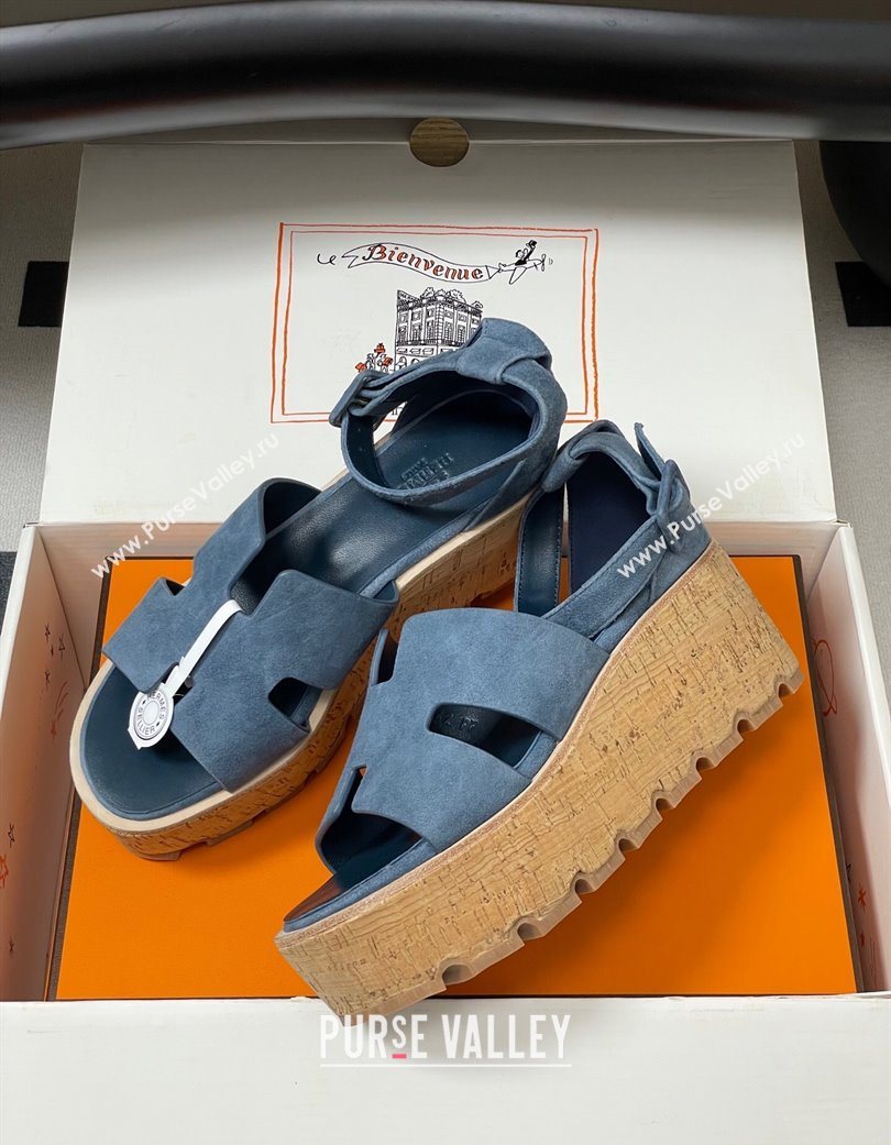 Hermes Luce Wedge Platform Sandals 7cm in Suede Blue 2025 H252131 (MD-251220009)