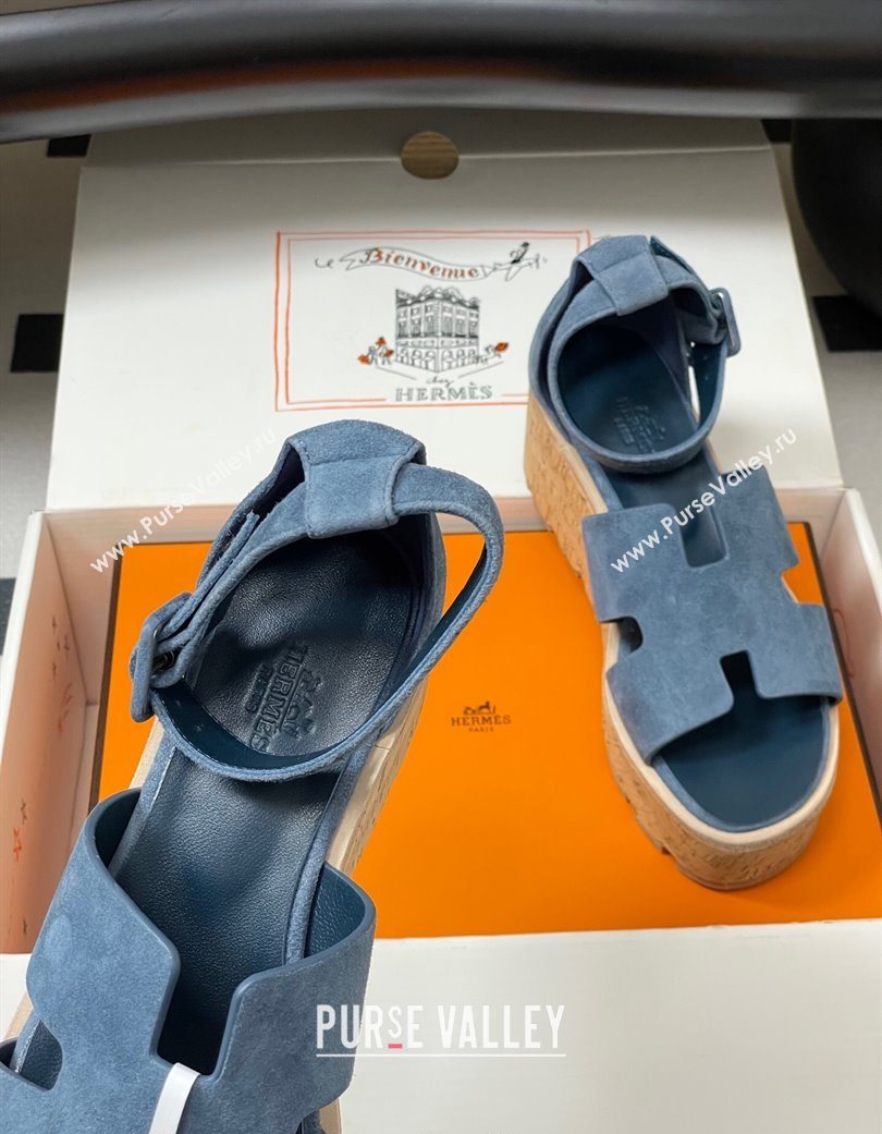 Hermes Luce Wedge Platform Sandals 7cm in Suede Blue 2025 H252131 (MD-251220009)