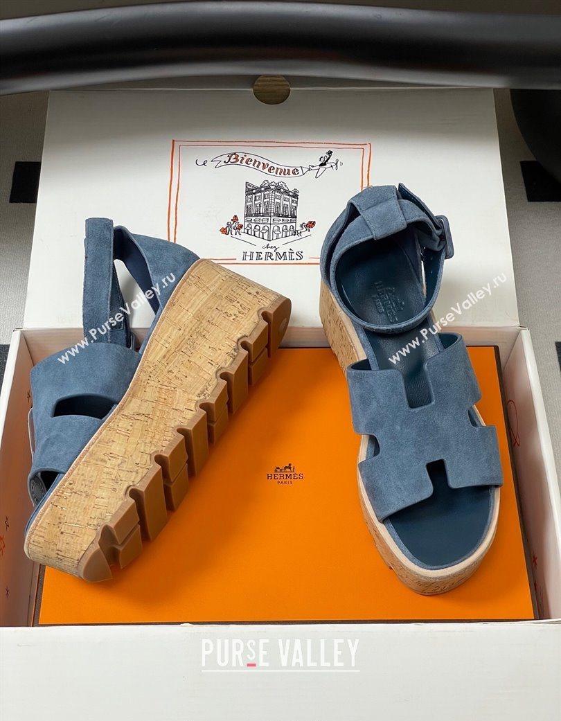 Hermes Luce Wedge Platform Sandals 7cm in Suede Blue 2025 H252131 (MD-251220009)