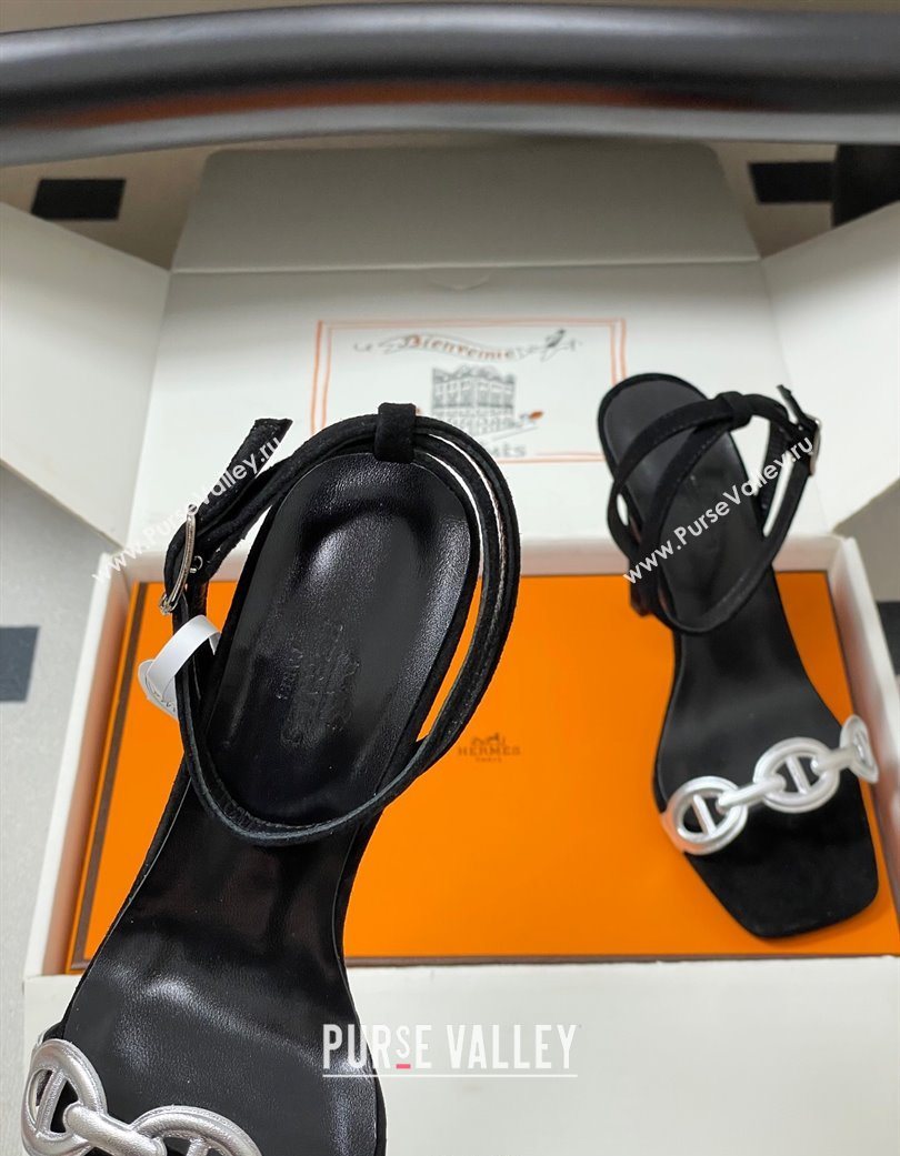 Hermes Luz Heel Sandals 10.5cm in Suede with Silver-Tone Strap Black 2025 (MD-251220001)