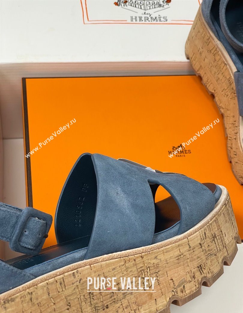 Hermes Luce Wedge Platform Sandals 7cm in Suede Blue 2025 H252131 (MD-251220009)