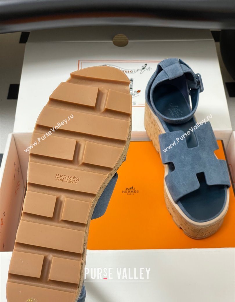 Hermes Luce Wedge Platform Sandals 7cm in Suede Blue 2025 H252131 (MD-251220009)