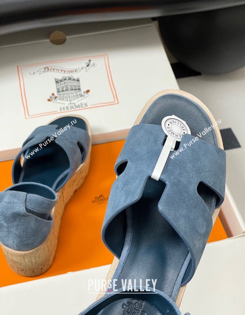 Hermes Luce Wedge Platform Sandals 7cm in Suede Blue 2025 H252131 (MD-251220009)