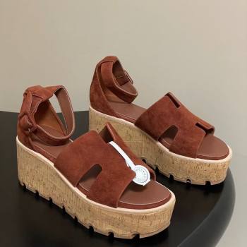 Hermes Luce Wedge Platform Sandals 7cm in Suede Dark Brown 2025 H252131 (MD-251220010)