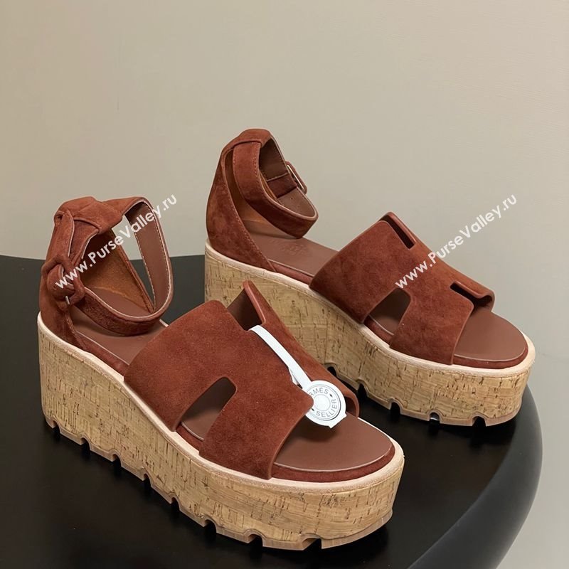 Hermes Luce Wedge Platform Sandals 7cm in Suede Dark Brown 2025 H252131 (MD-251220010)