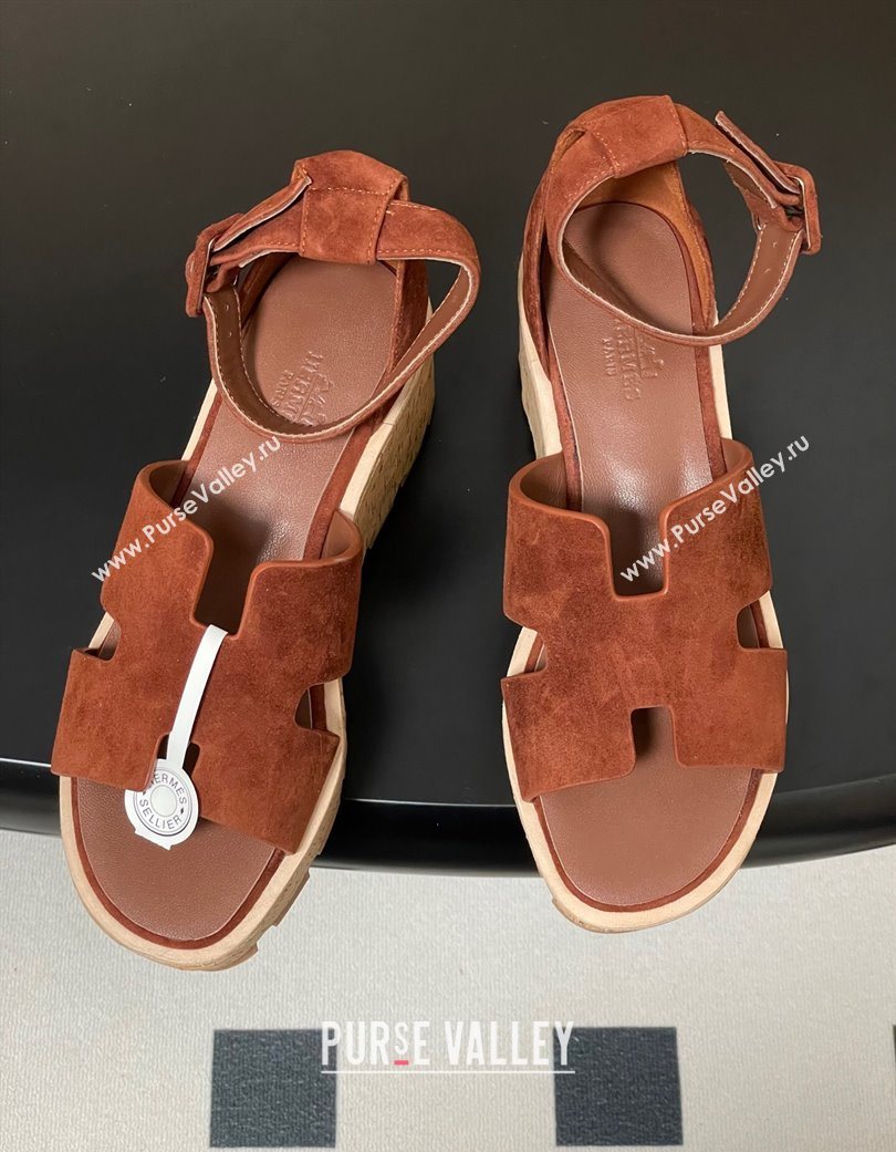 Hermes Luce Wedge Platform Sandals 7cm in Suede Dark Brown 2025 H252131 (MD-251220010)
