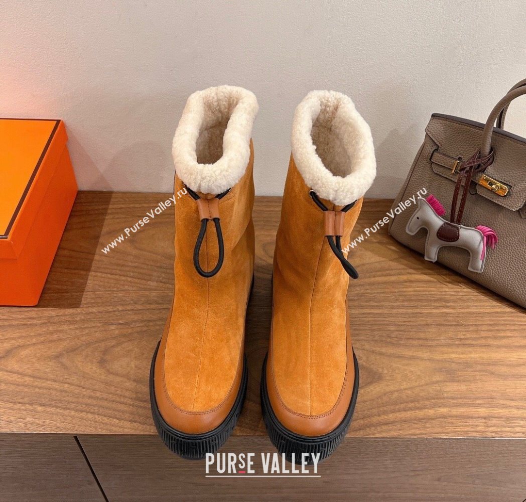 Hermes Suede and Shearling Platform Ankle Boots Brown Yellow 2025 HS122201 (XC-251222001)