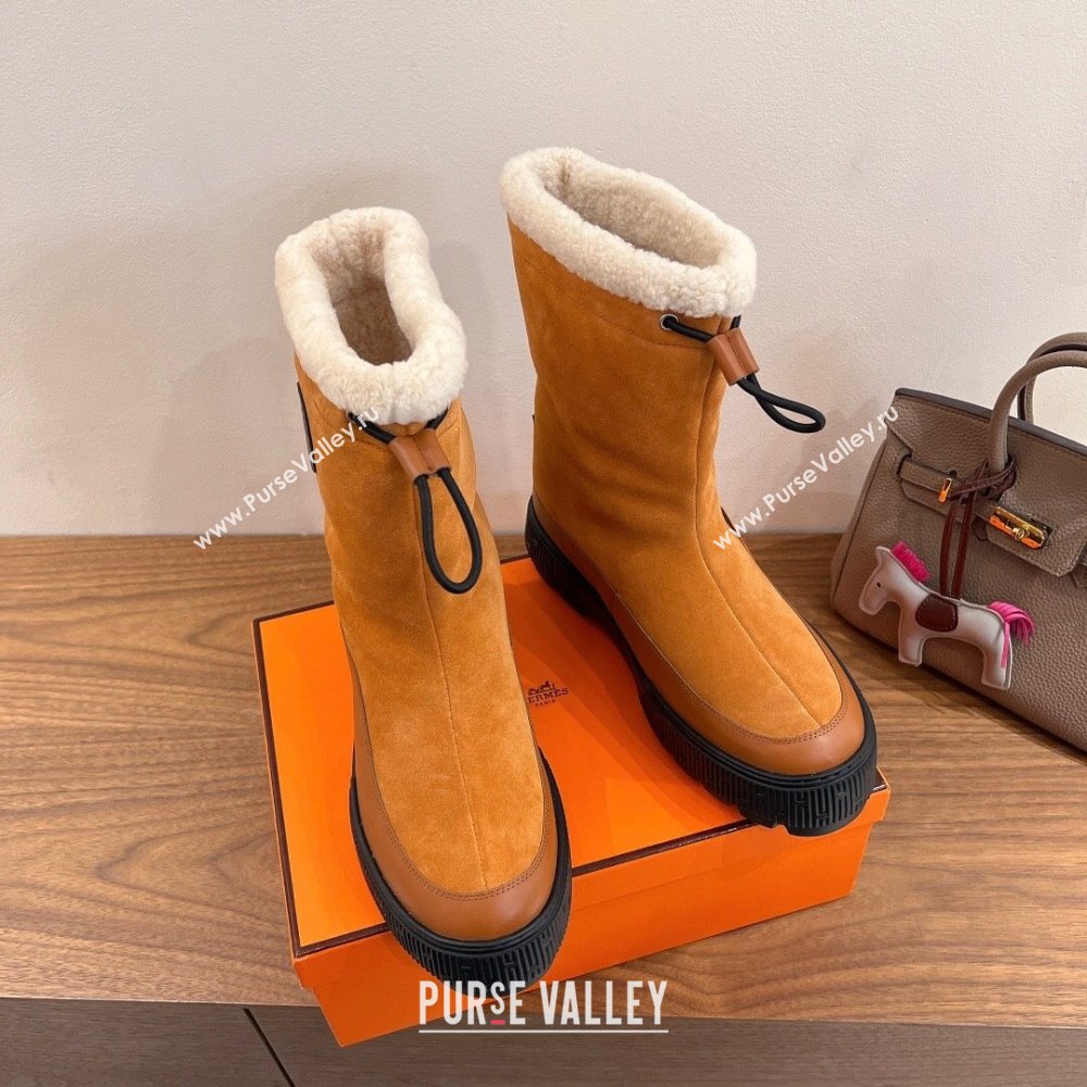 Hermes Suede and Shearling Platform Ankle Boots Brown Yellow 2025 HS122201 (XC-251222001)