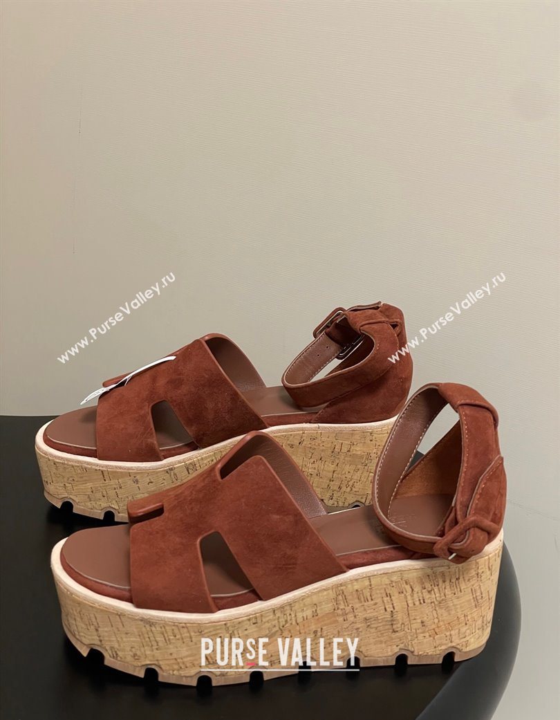 Hermes Luce Wedge Platform Sandals 7cm in Suede Dark Brown 2025 H252131 (MD-251220010)