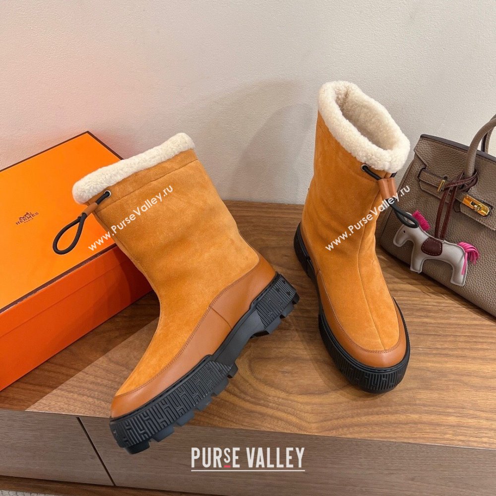 Hermes Suede and Shearling Platform Ankle Boots Brown Yellow 2025 HS122201 (XC-251222001)
