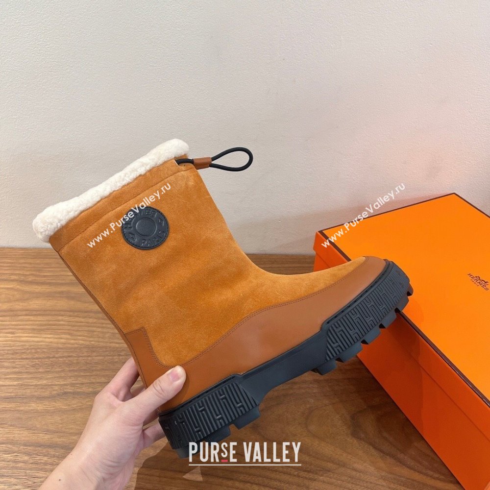 Hermes Suede and Shearling Platform Ankle Boots Brown Yellow 2025 HS122201 (XC-251222001)