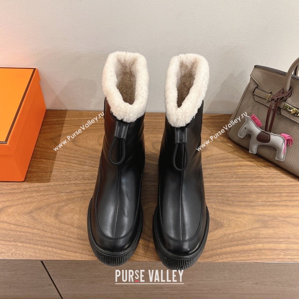 Hermes Calfskin and Shearling Platform Ankle Boots Black 2025 HS122201 (XC-251222002)