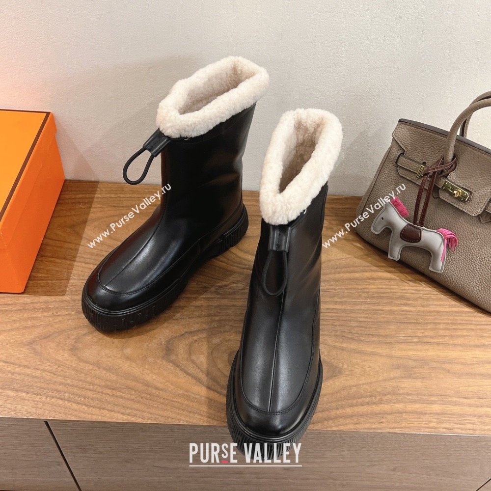 Hermes Calfskin and Shearling Platform Ankle Boots Black 2025 HS122201 (XC-251222002)