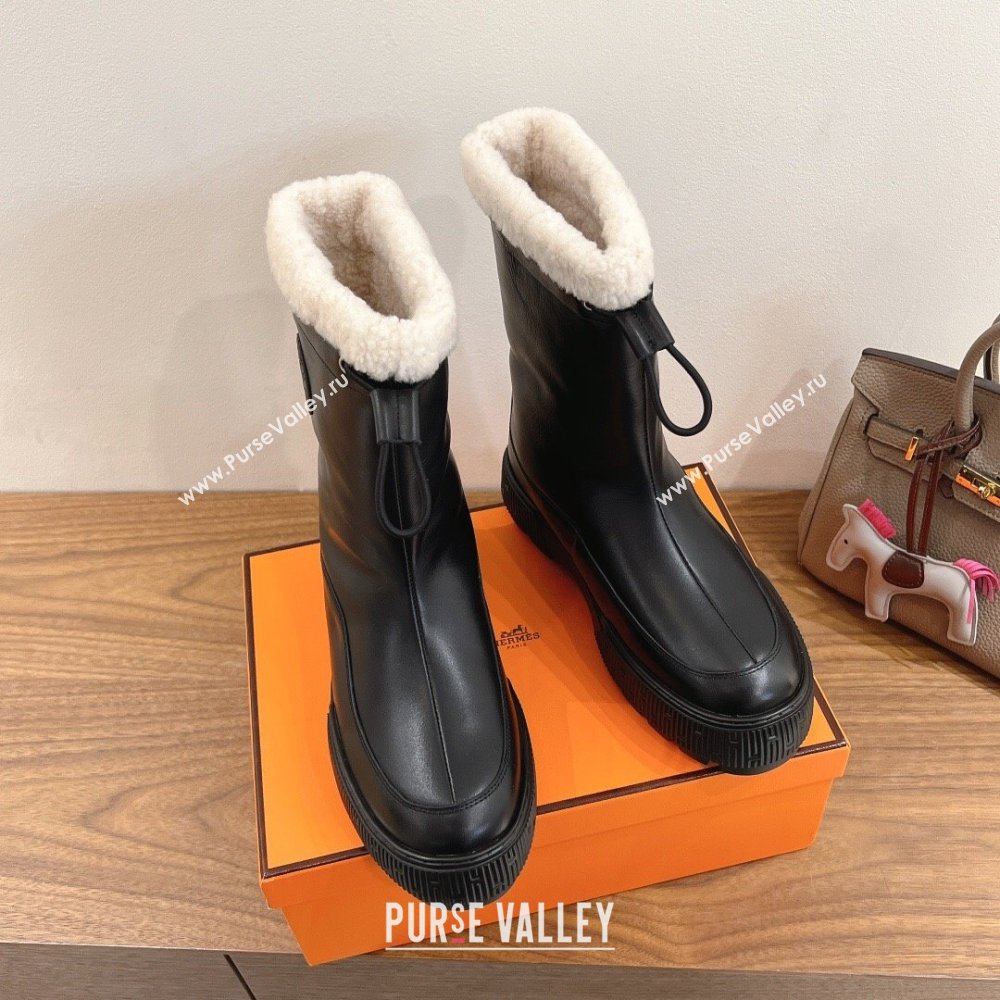 Hermes Calfskin and Shearling Platform Ankle Boots Black 2025 HS122201 (XC-251222002)