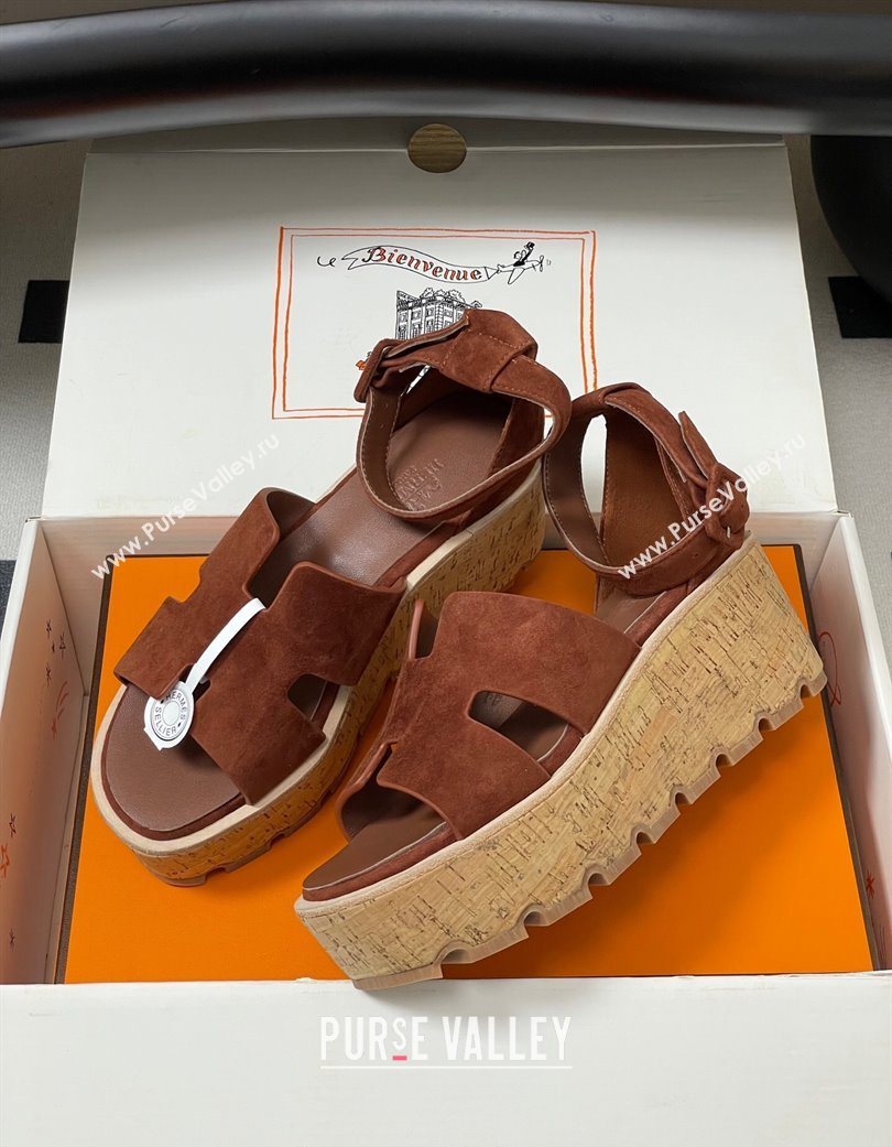 Hermes Luce Wedge Platform Sandals 7cm in Suede Dark Brown 2025 H252131 (MD-251220010)