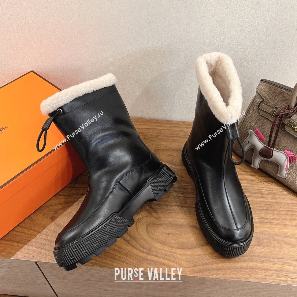 Hermes Calfskin and Shearling Platform Ankle Boots Black 2025 HS122201 (XC-251222002)