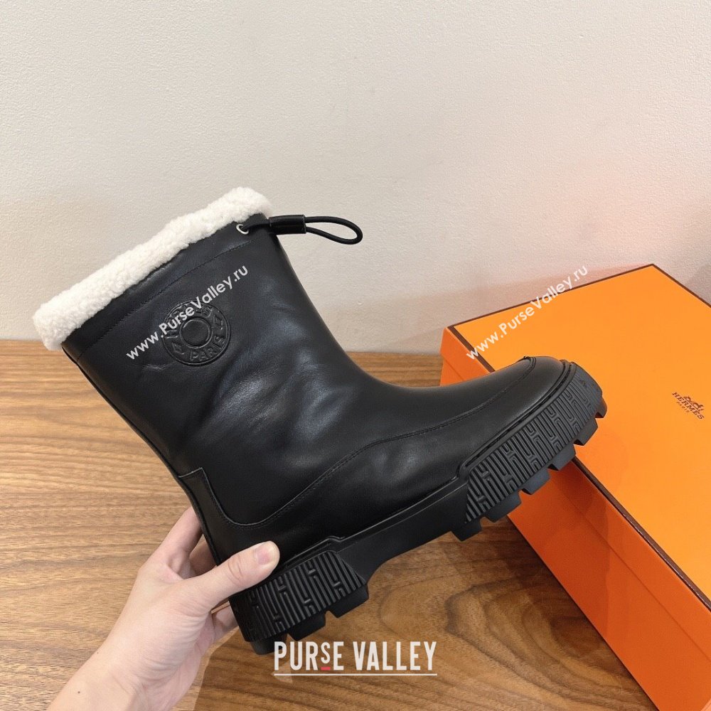Hermes Calfskin and Shearling Platform Ankle Boots Black 2025 HS122201 (XC-251222002)