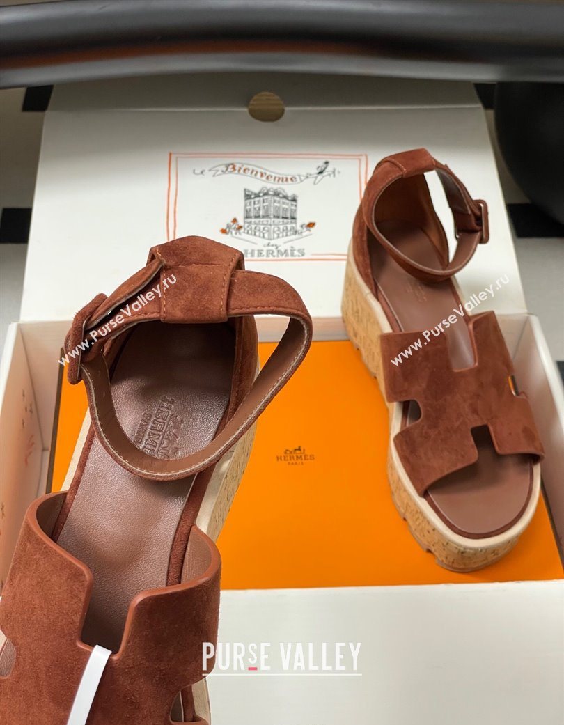 Hermes Luce Wedge Platform Sandals 7cm in Suede Dark Brown 2025 H252131 (MD-251220010)