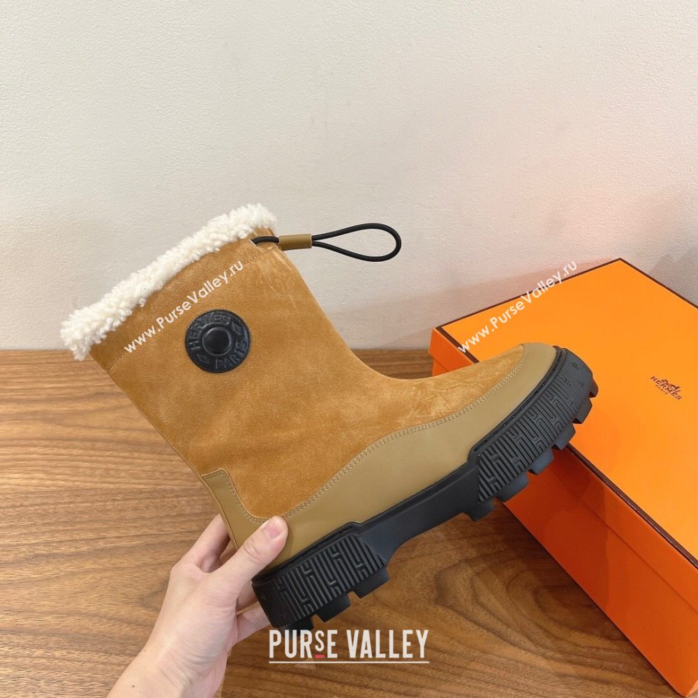 Hermes Suede and Shearling Platform Ankle Boots Beige 2025 HS122201 (XC-251222003)