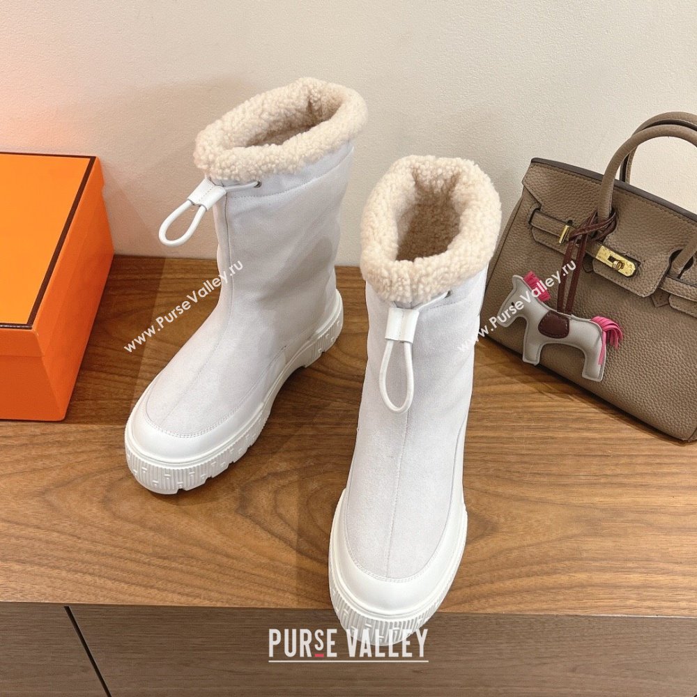 Hermes Suede and Shearling Platform Ankle Boots White 2025 HS122201 (XC-251222004)