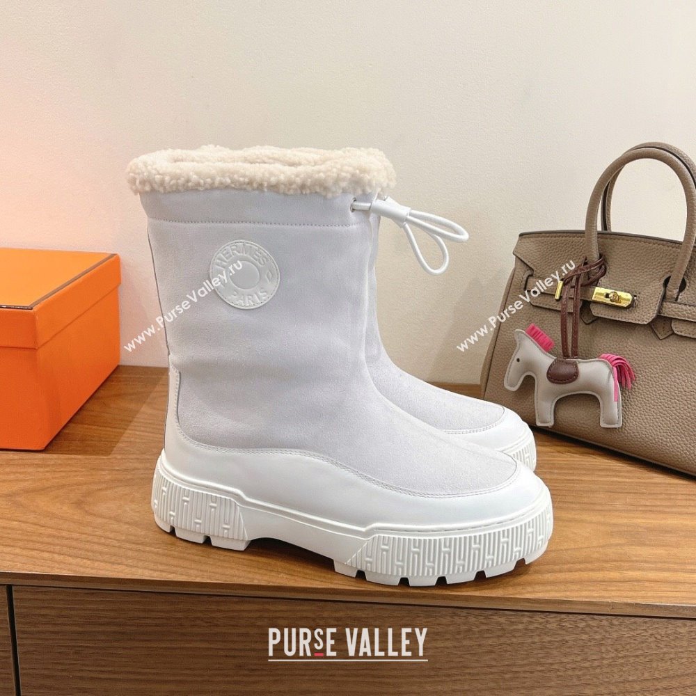 Hermes Suede and Shearling Platform Ankle Boots White 2025 HS122201 (XC-251222004)